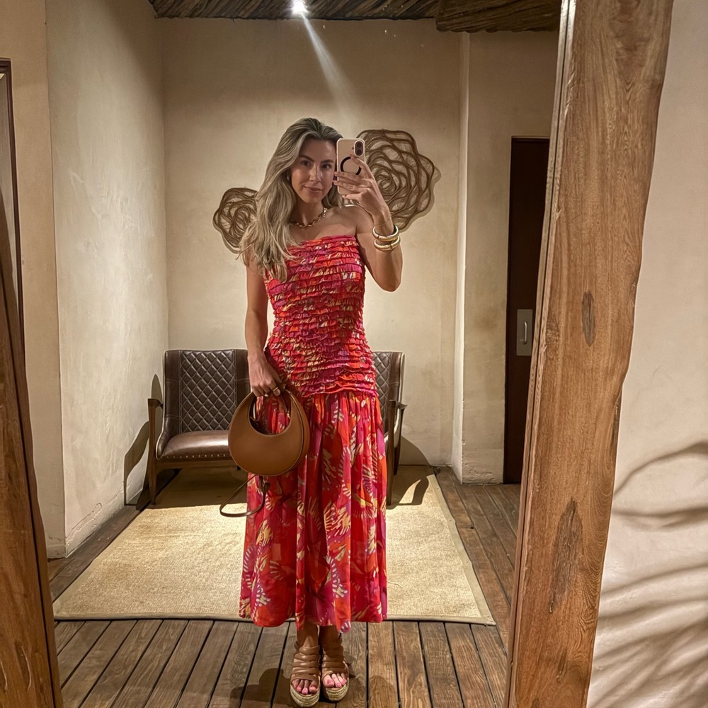 FARM Rio Red Tropical Strapless Smocked Midi Dress - WORN ONCE - No Straps